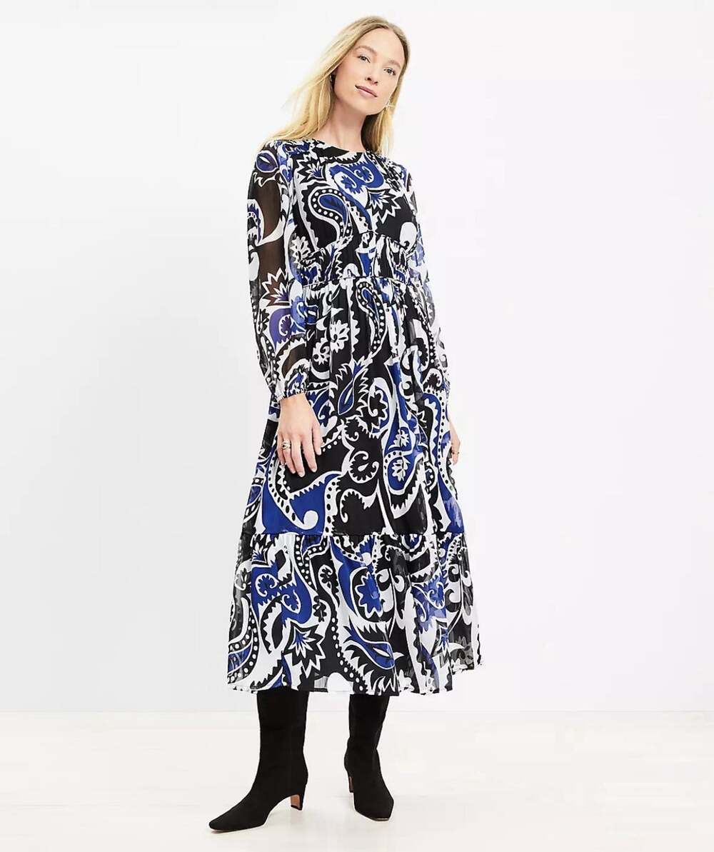 Loft Blue Black Paisley Shirred Flounce Long Sleeve Midi Dress Size 10 NWT